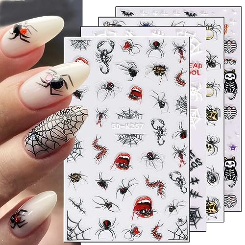 3D Nagelsticker Halloween, 4 Blatt 5D Selbstklebend Nagelaufkleber Stereoskopisch Nail Art Sticker Dekoration Nageldesign Zubehör von KALEFUL