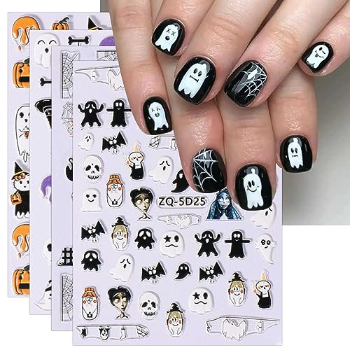 3D Nagelsticker Halloween, 4 Blatt 5D Selbstklebend Nagelaufkleber Stereoskopisch Nail Art Sticker Dekoration Nageldesign Zubehör von KALEFUL