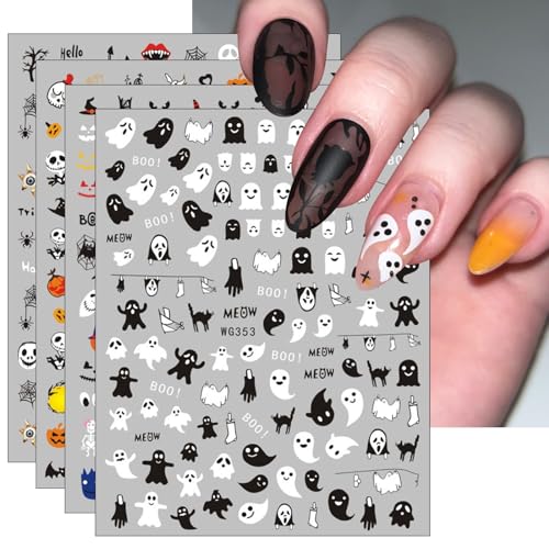 Nagelsticker Halloween, 10 Blatt Kürbis Gespenster Spinnennetz Schädelkopf Selbstklebend Nagelaufkleber Nail Art Sticker Dekoration Nageldesign Zubehör von KALEFUL