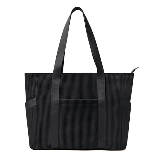 KALIDI Cord Tasche Damen Groß Shopper Cordtasche mit Reißverschluss Tote Bag Schwarze Tasche Handtasche FüR Uni Arbeit Schule von KALIDI FANCY FOREST