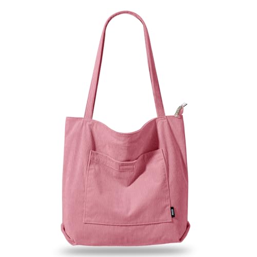 KALIDI Cord Tasche Damen Umhängetasche mit Reißverschluss Wasserdicht Tote Bag mit Taschenfach Groß Shopper Tasche Handtasche Schultertaschen für Arbeit Büro Reisen Einkaufen Schule (PInk) von KALIDI FANCY FOREST