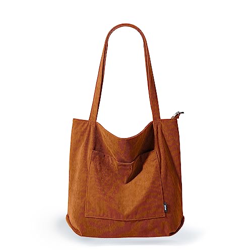 KALIDI Cord Tasche Damen Umhängetasche mit Reißverschluss Wasserdicht Tote Bag mit Taschenfach Groß Shopper Tasche Handtasche Schultertaschen für Arbeit Büro Reisen Einkaufen Schule (brown) von KALIDI FANCY FOREST