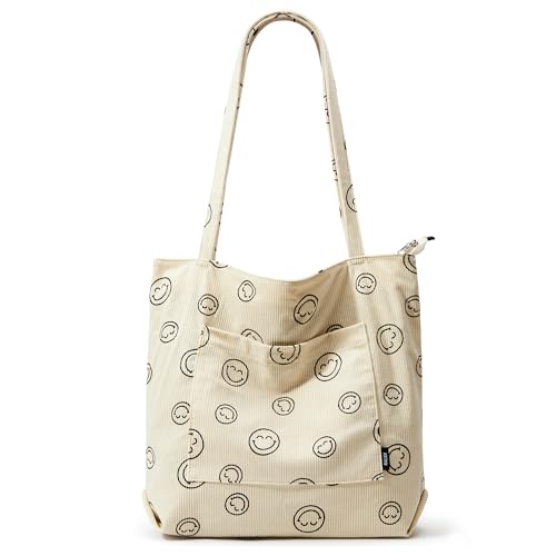 KALIDI Cord Tasche Damen Umhängetasche mit Reißverschluss Wasserdicht Tote Bag mit Taschenfach Groß Shopper Tasche Handtasche Schultertaschen für Arbeit Büro Reisen Einkaufen Schule (white) von KALIDI FANCY FOREST