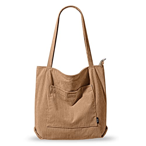 KALIDI Cord Tasche Damen Umhängetasche mit Reißverschluss Wasserdicht Tote Bag mit Taschenfach Groß Shopper Tasche Handtasche Schultertaschen für Arbeit Büro Reisen Einkaufen Schule von KALIDI FANCY FOREST