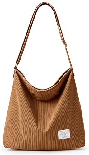 KALIDI Cord Tasche Umhängetasche mit Reißverschluss Wasserdicht Shopper Damen Große Cord Umhängetasche Tote Bag Crossbody Schultertasche Handtasche für Arbeit Büro Reise Einkauf, Braun von KALIDI FANCY FOREST