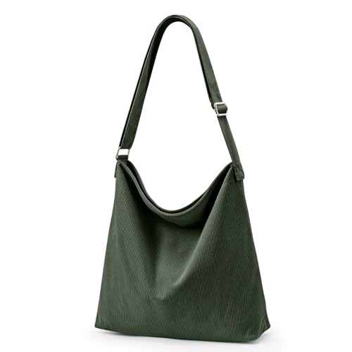 KALIDI Cord Tasche Umhängetasche mit Reißverschluss Wasserdicht Shopper Damen Große Cord Umhängetasche Tote Bag Crossbody Schultertasche Handtasche für Arbeit Büro Reise Einkauf, Grün von KALIDI FANCY FOREST