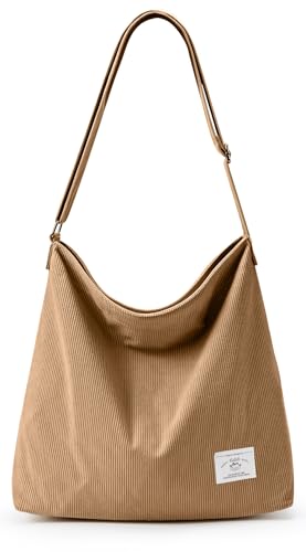 KALIDI Cord Tasche Umhängetasche mit Reißverschluss Wasserdicht Shopper Damen Große Cord Umhängetasche Tote Bag Crossbody Schultertasche Handtasche für Arbeit Büro Reise Einkauf, Khaki von KALIDI FANCY FOREST