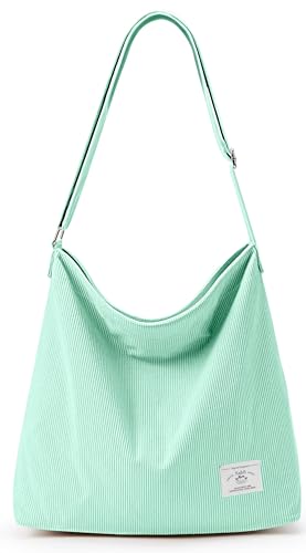 KALIDI Cord Tasche Umhängetasche mit Reißverschluss Wasserdicht Shopper Damen Große Cord Umhängetasche Tote Bag Crossbody Schultertasche Handtasche für Arbeit Büro Reise Einkauf, Minzgrün von KALIDI FANCY FOREST