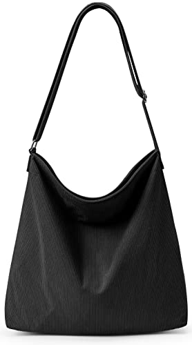 KALIDI Cord Tasche Umhängetasche mit Reißverschluss Wasserdicht Shopper Damen Große Tote Bag Crossbody Schultertasche Handtasche für Arbeit Büro Reise Einkauf, Schwarz von KALIDI FANCY FOREST