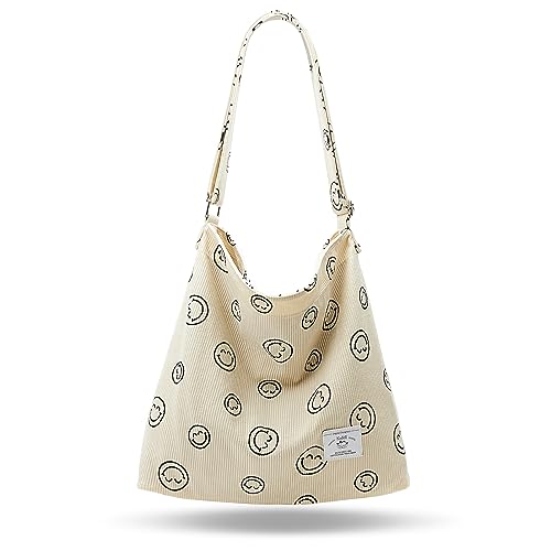 KALIDI Crossbody Cord Tasche Damen Cord Tote Bag mit Reißverschluss, Cord Umhängetasche Große Shopper Tasche Damen Schultertasche Handtasche Aesthetic Tote Bag für School Arbeit Reisen, Beige von KALIDI FANCY FOREST