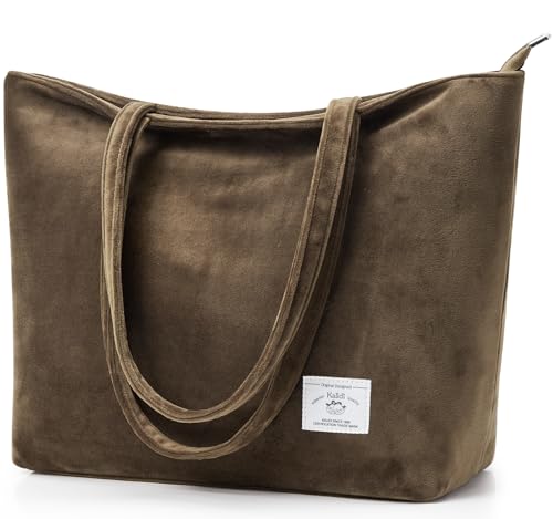 KALIDI FANCY FOREST Wildleder Henkeltaschen Damen Große Handtasche mit Reißverschluss Tote Bag Shopper Tasche Schultertasche für Arbeit Schule Einkauf, Kaffee von KALIDI FANCY FOREST