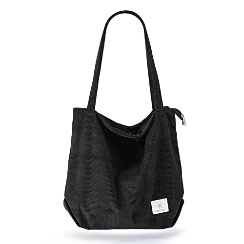 KALIDI FANCY FOREST lidi Damen Cord-Tragetasche, Reißverschluss, lässige Handtasche, große Kapazität, Schultertasche mit Taschen, Schwarz von KALIDI FANCY FOREST
