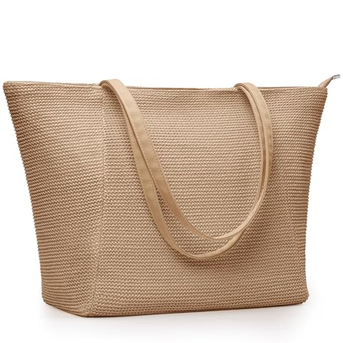 KALIDI Große Strohtasche Strandtasche mit Reißverschluss Marine Recycelter Kunststoff Strohähnliches Design Tragetasche für Sommerurlaub und Alltag, khaki, 26 in W x 13.8 in H x 7 in D von KALIDI FANCY FOREST