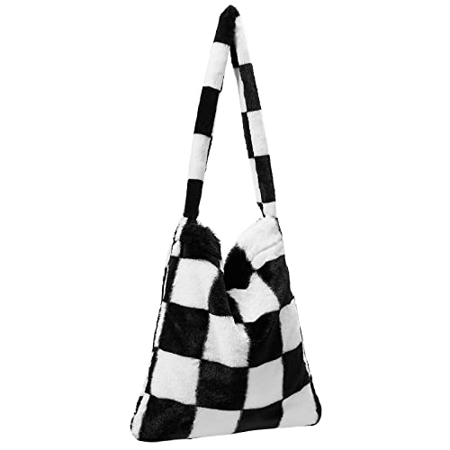 KALIDI Plüsch Handtasche mit Reißverschluss Niedlich Flauschige Crossbody Bag Damen Schultertasche für Uni Mädchen, Kariert von KALIDI FANCY FOREST