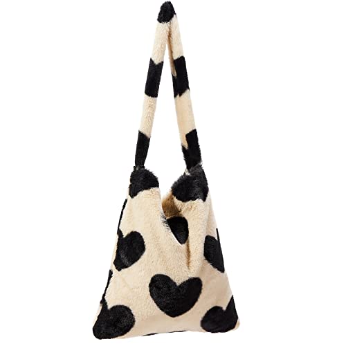 KALIDI Plüsch Handtasche mit Reißverschluss Niedlich Flauschige Crossbody Bag Damen Schultertasche für Uni Mädchen, Schwarz Herz Muster von KALIDI FANCY FOREST