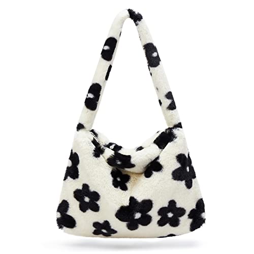 KALIDI Plüsch Tasche, Kleine Umhängetasche Damen mit Reißverschluss, Handtasche Damen Klein Süß Flauschig und Weich Bag für Teenager Mädchen Trendy, Blumenmuster von KALIDI FANCY FOREST