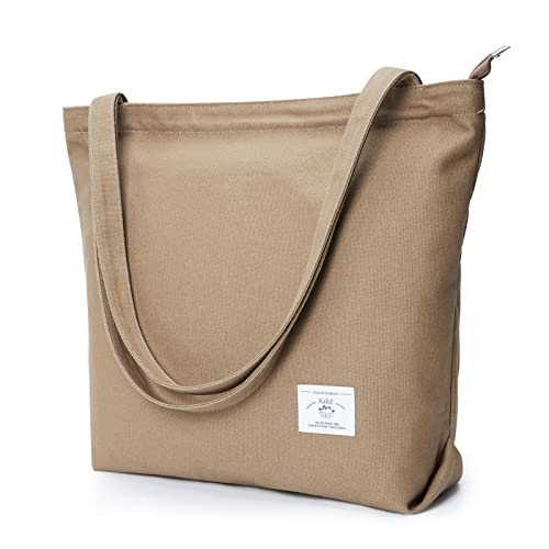 KALIDI Canvas Tasche Damen Groß Shopper Handtasche Schultertasche mit Reißverschluss Tote Bag Umhängetasche für Schule Arbeit Einkauf Alltag Reisen, Khaki von KALIDI