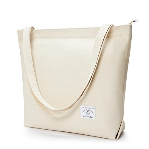 KALIDI Canvas Tasche Damen Groß Shopper Handtasche Damen Schultertasche mit Reißverschluss Tote Bag Canvas Tasche Damen Umhängetasche für Schule Arbeit Einkauf Alltag Reisen (Beige) von KALIDI