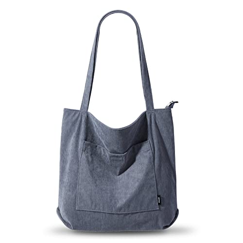 KALIDI Cord Tote Bag Frauen Große Umhängetasche mit Reißverschluss Multi Taschen Hobo Handtasche Tasche Wasserdicht Einkaufen Arbeitstasche, B Grau, Large von KALIDI