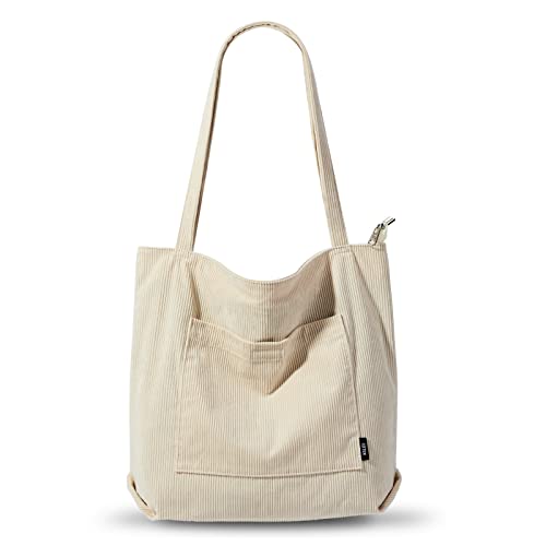 KALIDI Damen Cord-Tragetasche, große Schultertasche mit Reißverschlusstasche, lässige Hobo-Handtasche, große Kapazität, Einkaufstasche, Arbeitstasche, Cremeweiß, Large von KALIDI