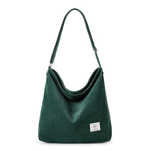 KALIDI Cord Tote Bag für Frauen Casual Reißverschluss Tote Handtasche Große Crossbody Hobo Umhängetasche Arbeit Mode Frauen Geldbörse, Dunkelgrün, Large von KALIDI