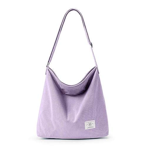 KALIDI Cord Tote Bag für Frauen Casual Reißverschluss Tote Handtasche Große Crossbody Hobo Umhängetasche Arbeit Mode Frauen Geldbörse, Helles Violett, Large von KALIDI