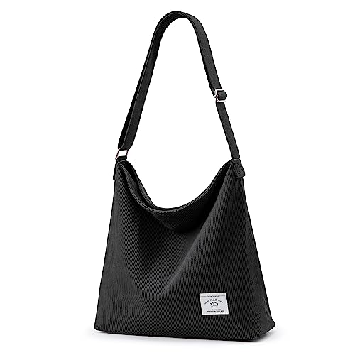 KALIDI Cord Tote Bag für Frauen Casual Reißverschluss Tote Handtasche Große Crossbody Hobo Umhängetasche Arbeit Mode Frauen Geldbörse, Schwarz, Large, Strapazierfähig von KALIDI