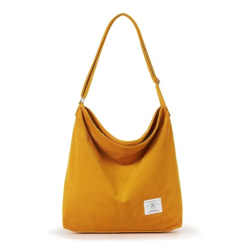 KALIDI Cord Tote Bag für Frauen Casual Reißverschluss Tote Handtasche Große Crossbody Hobo Umhängetasche Arbeit Mode Frauen Geldbörse, gelb, Large von KALIDI