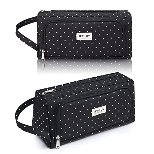 KALIDI Federmäppchen, Etui Große Kapazität 2 Fach Federtaschen Unisex Mäppchen Stiftetasche Bleistift Beutel Federmappe Schulsachen Pencil Case mit Tragegriff für Schule Büro Mädchen, Schwarz Punkt von KALIDI