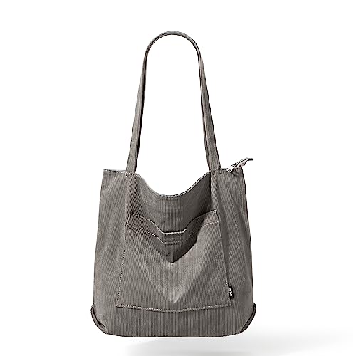 KALIDI Frauen Cord Tote Bag Große Schulter Tote Tasche mit Reißverschluss Tasche Casual Hobo Handtasche Große Kapazität Einkaufen Arbeitstasche, GRAU, Large von KALIDI