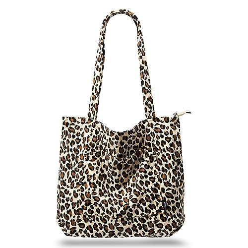 KALIDI Frauen Cord Tote Bag Große Schulter Tote Tasche mit Reißverschluss Tasche Casual Hobo Handtasche Große Kapazität Einkaufen Arbeitstasche, Leopard, Large von KALIDI