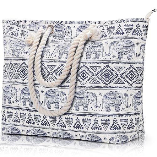 KALIDI Große Strandtasche mit Reißverschluss Wasserdicht Badetasche Strandtasche XL Familie Beach Tote Bag mit Reißverschluss Große Shopper Damen Sporttasche Schultertasche, Elefant von KALIDI