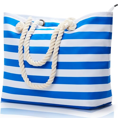 KALIDI Große Strandtasche mit Reißverschluss Wasserdicht Badetasche Strandtasche XL Familie Beach Tote Bag mit Reißverschluss Große Shopper Damen Sporttasche Schultertasche, Streifen Blau Weiß von KALIDI