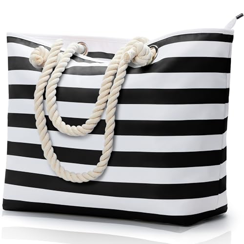 KALIDI Große Strandtasche mit Reißverschluss Wasserdicht Badetasche Strandtasche XXL Familie Beach Tote Bag mit Reißverschluss Große Shopper Damen Sporttasche Schultertasche, Streifen Schwarz Weiß von KALIDI