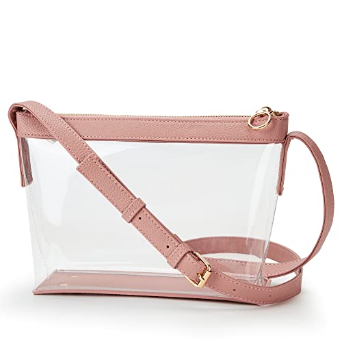 KALIDI Transparente Tasche Stadion zugelassene Crossbody Geldbörse Reißverschluss Umhängetasche Veganer Lederbesatz Sport Konzert Abschlussball Party, Pink von KALIDI