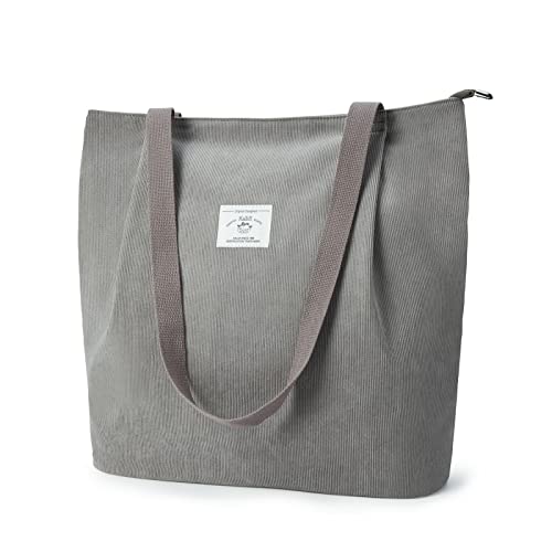 KALIDI Wasserdicht Cord Tasche mit Reißverschluss,Tote Bag Damen Groß Shopper Tasche Handtasche Kapazität Umhängetasche für Arbeit Büro Reisen Einkaufen Schule und Alltag,Grau von KALIDI