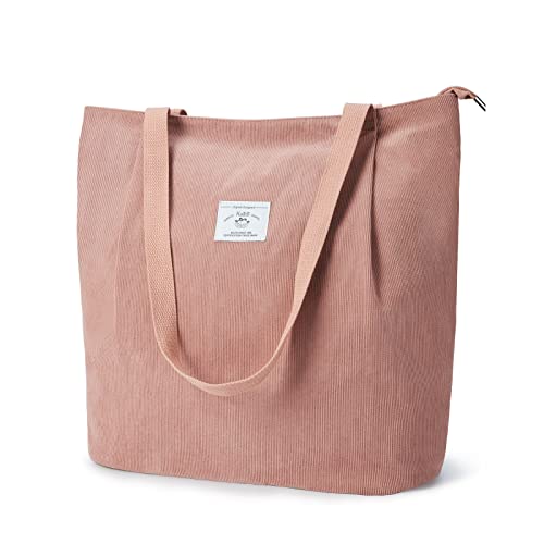 KALIDI Wasserdicht Cord Tasche mit Reißverschluss,Tote Bag Damen Groß Shopper Tasche Handtasche Kapazität Umhängetasche für Arbeit Büro Reisen Einkaufen Schule und Alltag,Rosa von KALIDI