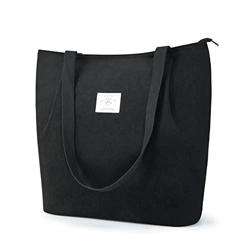 KALIDI Wasserdicht Cord Tasche mit Reißverschluss,Tote Bag Damen Groß Shopper Tasche Handtasche Kapazität Umhängetasche für Arbeit Büro Reisen Einkaufen Schule und Alltag,Schwarz von KALIDI