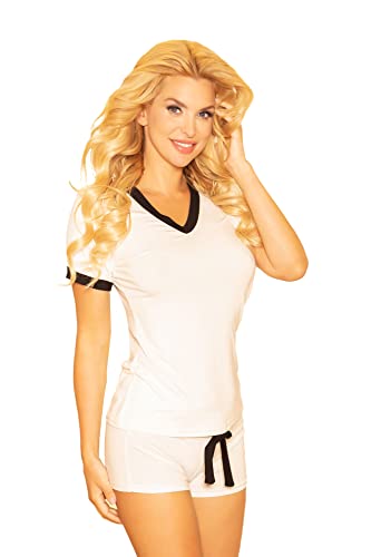 KALIMO Damen Aride Zweiteiliger Pyjama | Farbe: Ecru | Größe: L | Material: Viskose, Elasthan | Kurzarmbluse | Shorts | Gestreifte Abschlüsse | Schlafanzug, Pyjama-Set, Nachthemd, Nachtwäsche von Kalimo