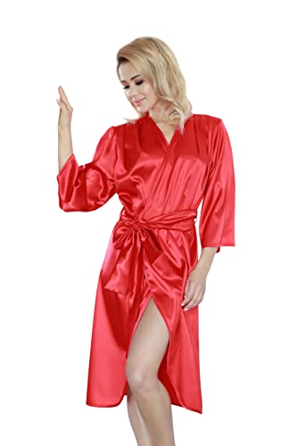 KALIMO Damen Bohol Morgenmantel mit 3/4 Ärmeln | Farbe: Rot | Größe: XXL | Material: Polyester, Elasthan | Satin | Breitem Riemen | Bademantel, Hauskleid, Bathrobe, Hausmantel, Morgenrock, Nachthemd von Kalimo