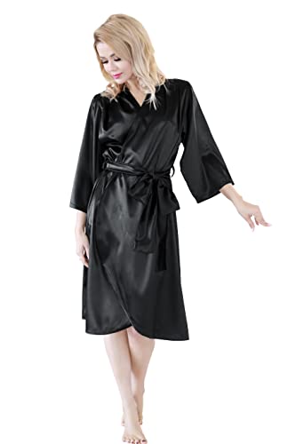 KALIMO Damen Bohol Morgenmantel mit 3/4 Ärmeln | Farbe: Schwarz | Größe: XXL | Material: Polyester, Elasthan | Satin | Breitem Riemen | Bademantel Hauskleid Bathrobe Hausmantel Morgenrock Nachthemd von Kalimo