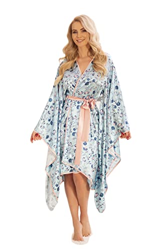 KALIMO Damen Hulhule Langärmliger Morgenmantel | Farbe: Blau | Größe: XL | Material: Polyester, Elasthan | Satin | Breitem Riemen | Bademantel, Hauskleid, Bathrobe, Hausmantel, Morgenrock, Nachthemd von Kalimo