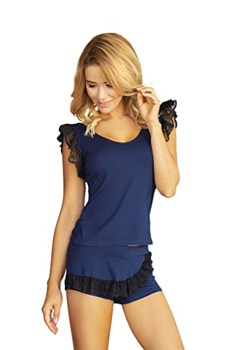 KALIMO Damen Tanis Zweiteiliger Pyjama | Farbe: Marineblau | Größe: S | Material: Viskose, Elasthan | Tanktop | Shorts | Spitzenbesatz | Schlafanzug, Pyjama-Set, Nachthemd, Nachtwäsche, Sexy von Kalimo