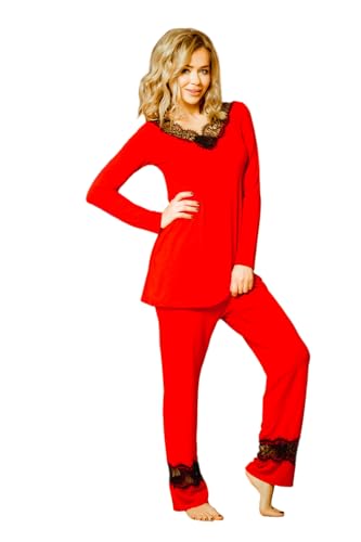 Kalimo Damen Kapas Zweiteiliger Pyjama | Farbe: Rot | Größe: S | Material: Viskose, Elasthan | Langer Petticoat mit Langen Ärmeln | Lange Hosen | Schlafanzug, Pyjama-Set, Nachthemd, Nachtwäsche von Kalimo