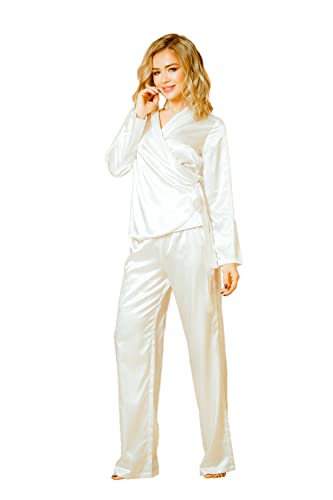 KALIMO Damen Nachtwäsche Pyjama Set Rawa | | Farbe: Ecru | Größe: M | Bestehend aus Bluse Langarm und Hose | Damenoutfit | Satin-Set | Einfarbiges Zweiteilig Set | Schlafanzug von Kalimo