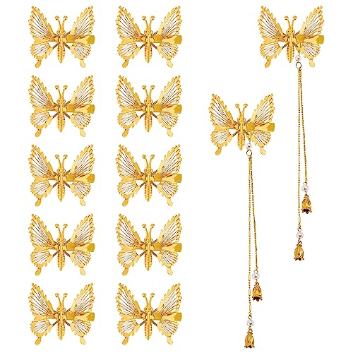 12 Stück Schmetterlings Quaste Haarspangen Schmetterling Haarnadeln Gold 3D Bewegliche Haarnadeln mit Abnehmbarer Goldene Schmetterlings-Haarspangen für Damen Mädchen (Gold, 12 Stück) von KALIONE