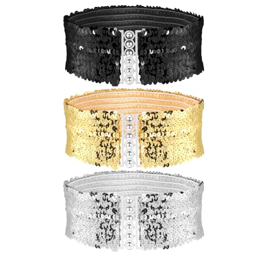 3 Stück Taillengürtel mit Pailletten, elastische Paillettengürtel breite Taillengürtel für Damen glitzernde Kleidergürtel Taillengürtel für Damen und Mädchen Kostümparty (Gold, Schwarz, Silber) von KALIONE