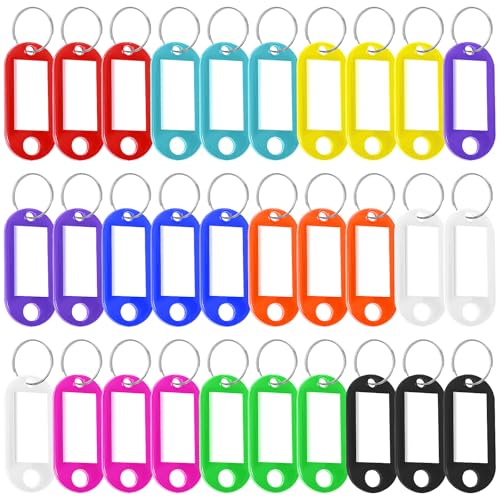 30 Stück Schlüsselanhänger Farbige Etiketten mit Beschreibbaren Etiketten Kunststoff-Schlüsselanhänger mit Schlaufen Schlüsselanhänger Beschriftbar Keyring Halter mit Label Fenster (10 Farben) von KALIONE