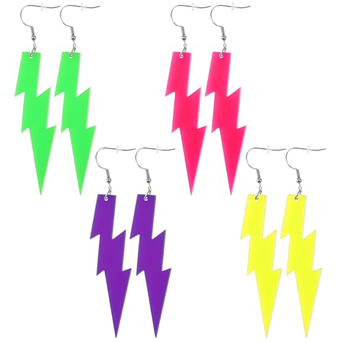 4 Paar Neon Ohrringe 90er, mehrfarbiges Retro-Party-Ohrring-Set für Damen Neon-Ohrringe Acryl-Ohrringe Party-Kostüm-Accessoires Schmuck Geschenke für Frauen und Mädchen (Blitzform) von KALIONE