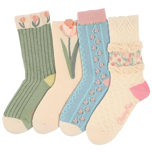 KALIONE 4 Paar Blumen Socken Damen, Blumen Baumwollsocken für Damen Bunt Damen Socken Rüschensocken niedliche lässige Crew-Socken für Damen und Mädchen Alltagskleidung von KALIONE